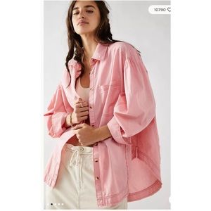 Free People Happy Hour Solid Poplin Top Strawberry Cream Pink Oversized Small